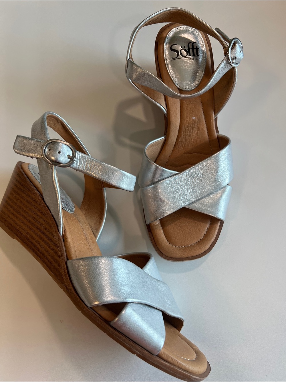 Sofft - 9, Silver Leather Strappy Wedge Sandals